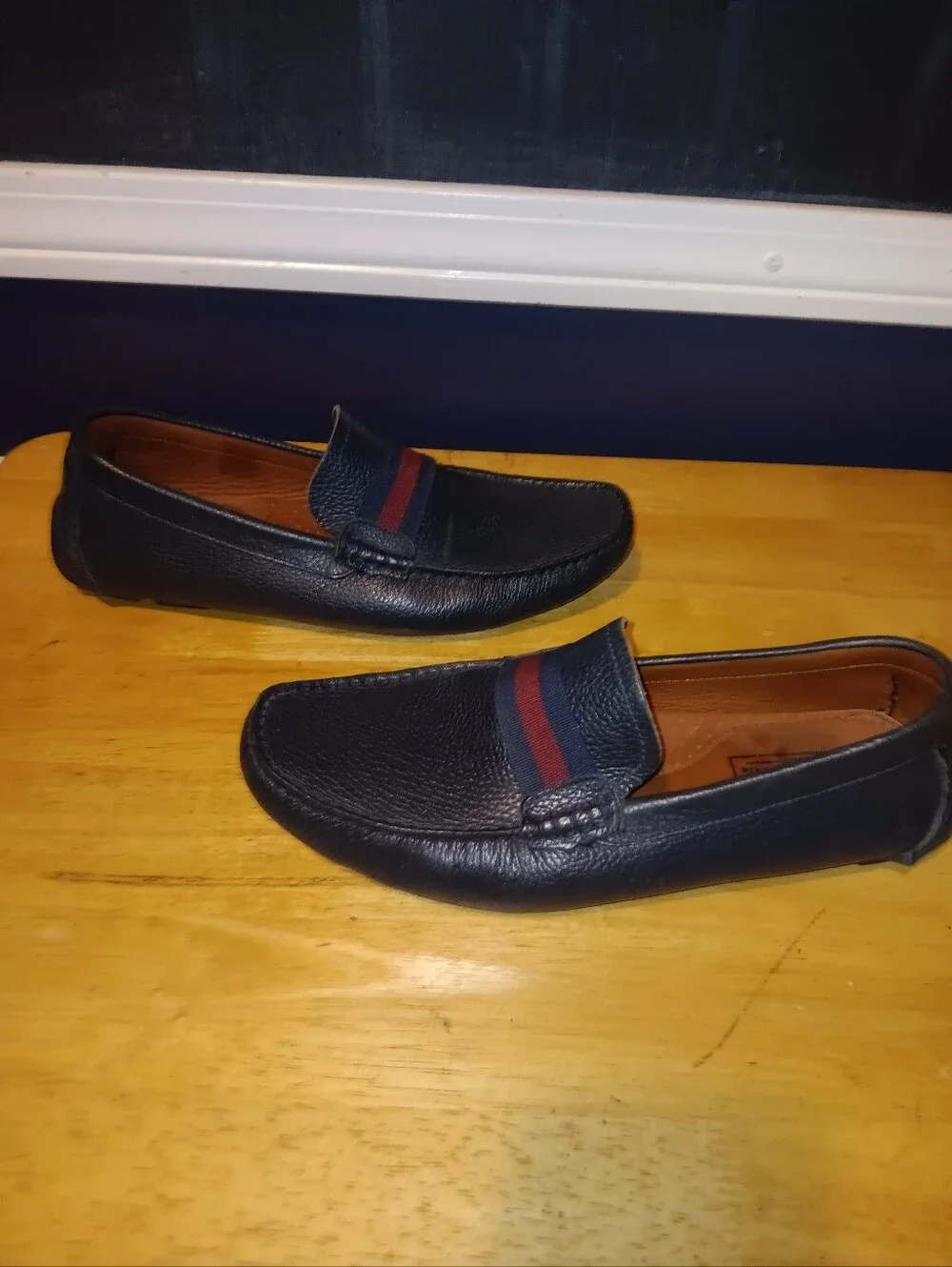 Mercanti Fiorentini Navy Leather Loafers with Red and Blue Stripe Size 8.5